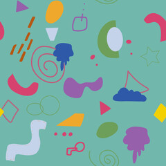 Seamless pattern of abstract minimalist elements. Simple shapes, blotches of paint, lines, and geometric shapes. Design elements are hand-drawn, stylized as a child's drawing. Vector