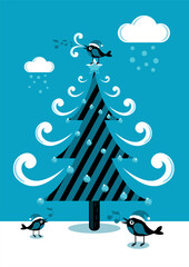 Christmas tree with birds vector illustration