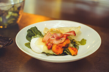 bacon salad, caesar salad background, vegetable salad with fried chicken meat