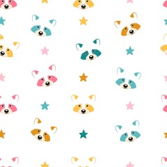 Cute colorful raccoon with stars.Beautiful seamless background with raccoon. Trendy baby shower texture with raccoons. 