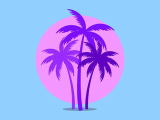 Fototapeta na wymiar Palm trees against a pink sun in the style of the 80s. Synthwave and 80s style retrowave. Design for advertising brochures, banners, posters, travel agencies. Vector illustration