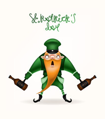 Happy St. Patrick's Day! Postcard, flyer, invitation. A character with a long red beard in a green cap posing on a light background. Cartoon funny leprechaun with bottles in his hands. Vector .