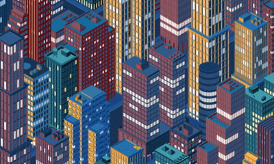 Isometric city centre, cityscape, city skyline. Vector illustration in flat design.