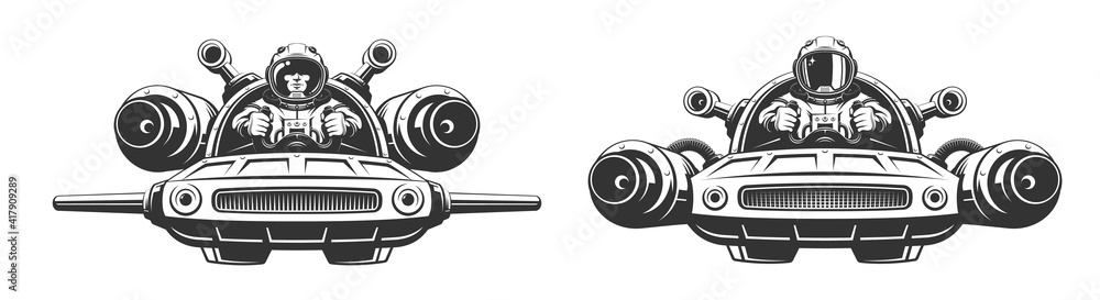 Wall mural cosmonaut pilot controls scifi flying car. spaceman in little spaceship. vector retro illustration.