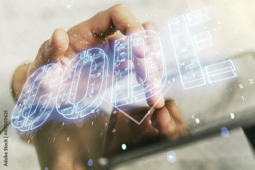 Poster creative code word hologram and finger clicks on a digital tablet on background, artificial intellig