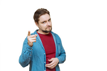 serious bearded young man wags his finger, points at you, strict attractive young man