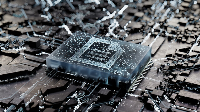 Word document Technology Concept with document symbol on a Microchip. Data flows from the CPU across a Futuristic Motherboard. 3D render.
