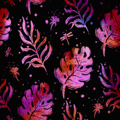 Pattern of tropical purple leaves on a black background