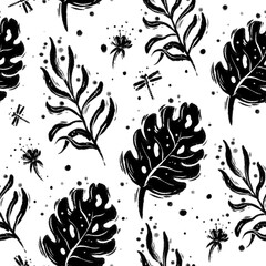 black and white pattern tropical
 leaves on white background