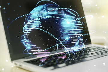 Abstract graphic digital world map with connections on modern computer background, globalization...