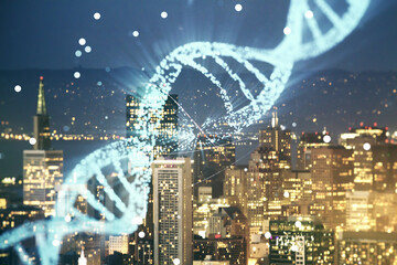 Virtual DNA symbol illustration on San Francisco skyline background. Genome research concept....
