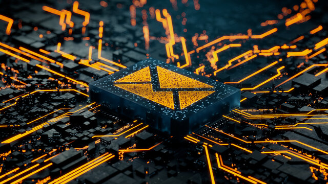 Email Technology Concept with Envelope symbol on a Microchip. Data flows from the CPU across a Futuristic Motherboard. 3D render.