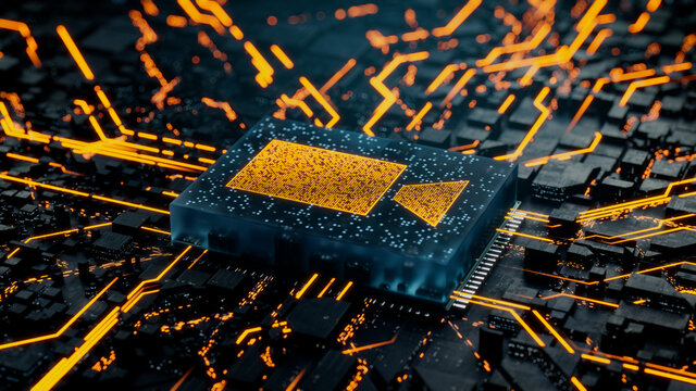 Video camera Technology Concept with Recording symbol on a Microchip. Data flows from the CPU across a Futuristic Motherboard. 3D render.