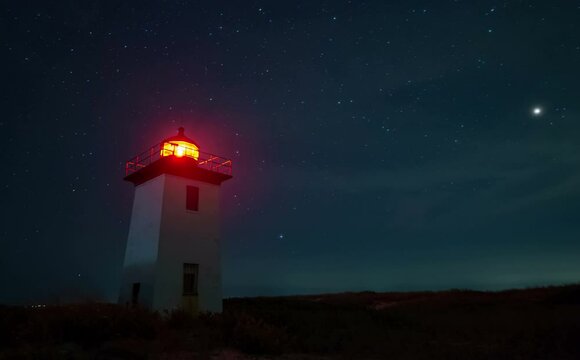Night Time Lapse of Wood End lighthouse in Provincetown, Massachusetts, USA.