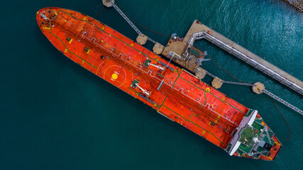 Aerial view industrial crude oil and fuel tanker ship at deep ocean sea port, Tanker ship vessel at...