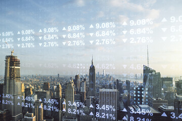 Multi exposure of stats data illustration on New York city skyline background, computing and analytics concept