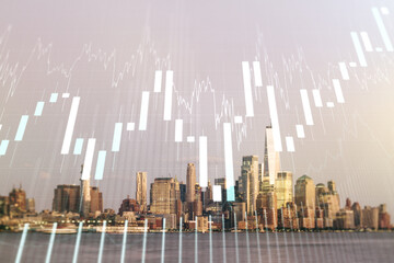 Obraz premium Multi exposure of virtual abstract financial diagram on Manhattan office buildings background, banking and accounting concept