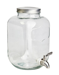 Big transparent glass jar with tap for refreshing summer drinks isolated on white background with...