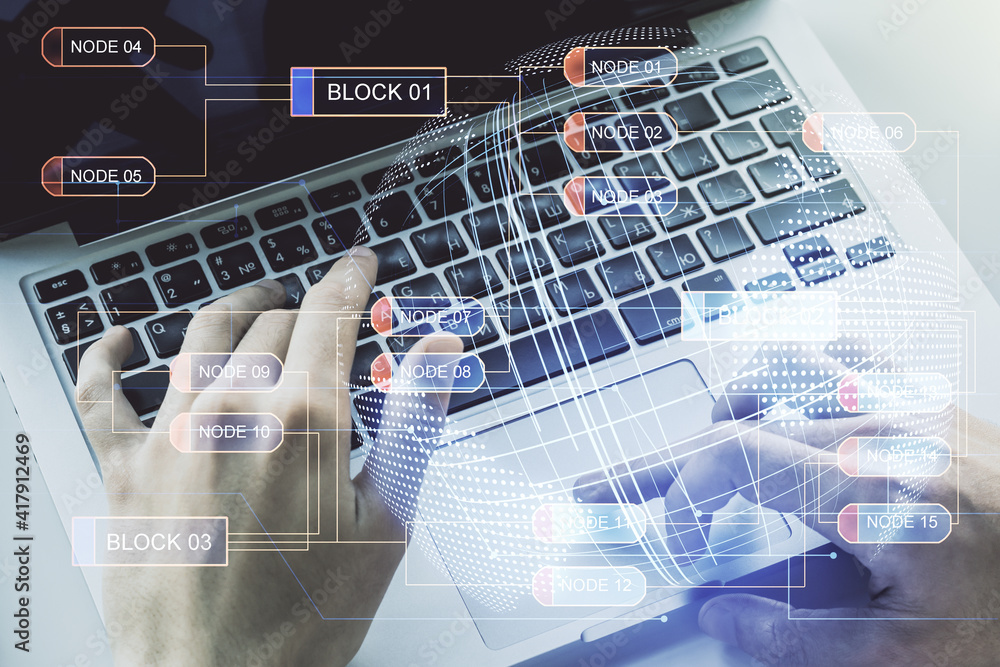 Poster abstract creative coding concept with world map and hands typing on laptop on background. multiexpos