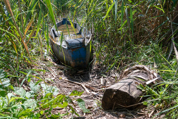 An old wooden fishing boat is submerged near the shore of the lake. The boat was moored in the thicket after the shipwreck. A graveyard of sunken ships.