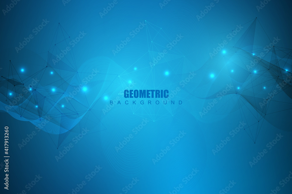 Poster geometric abstract background with connected line and dots. structure molecule and communication. bi