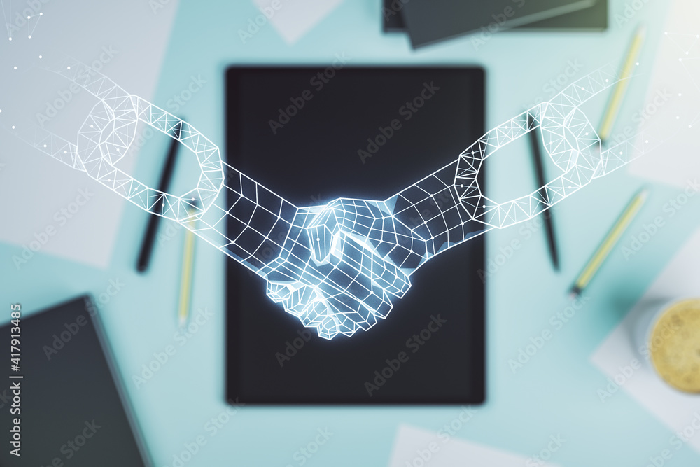 Poster double exposure of blockchain technology with handshake hologram and digital tablet on background, t