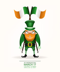 Happy St. Patrick's Day! Postcard, flyer, invitation. Character in a green hat with a red beard posing on a light background. Cartoon funny gnome holding Irish flags. Vector illustration.