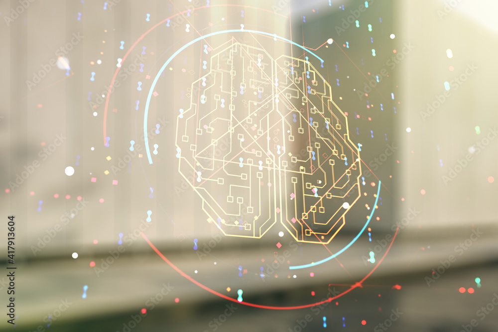 Poster double exposure of creative artificial intelligence interface on modern business center exterior bac