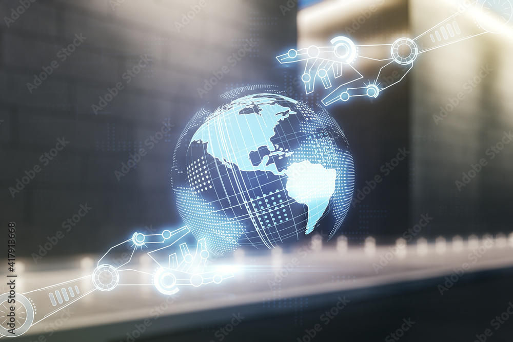 Aufkleber abstract virtual robotics technology hologram with globe on blurry contemporary office building back