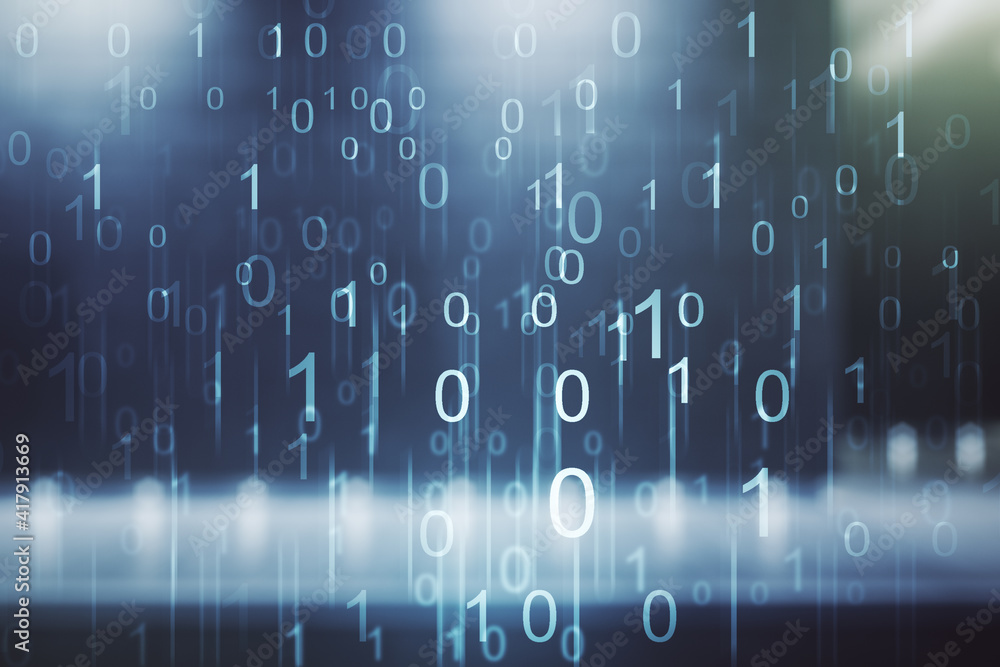 Poster abstract virtual binary code illustration on blurry modern office building background. big data and 