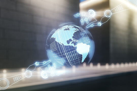 Abstract virtual robotics technology hologram with globe on blurry contemporary office building background, artificial intelligence and machine learning concept. Multi exposure