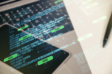 Abstract creative coding illustration on modern computer background, software development concept. Multiexposure
