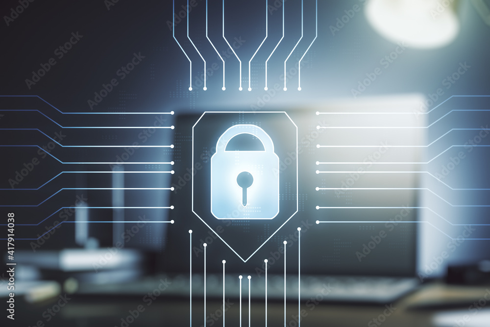 Poster creative light lock illustration with microcircuit on modern computer background, cyber security con