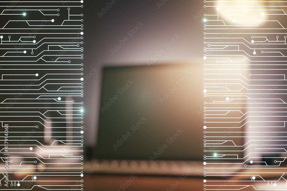 Poster Creative abstract micro circuit sketch on modern laptop background, future technology and AI concept. Double exposure