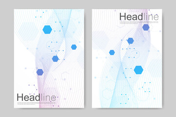 Scientific brochure design template. Vector flyer layout, Molecular structure with connected lines and dots. Scientific pattern atom DNA with elements for magazine, leaflet, cover, poster design.