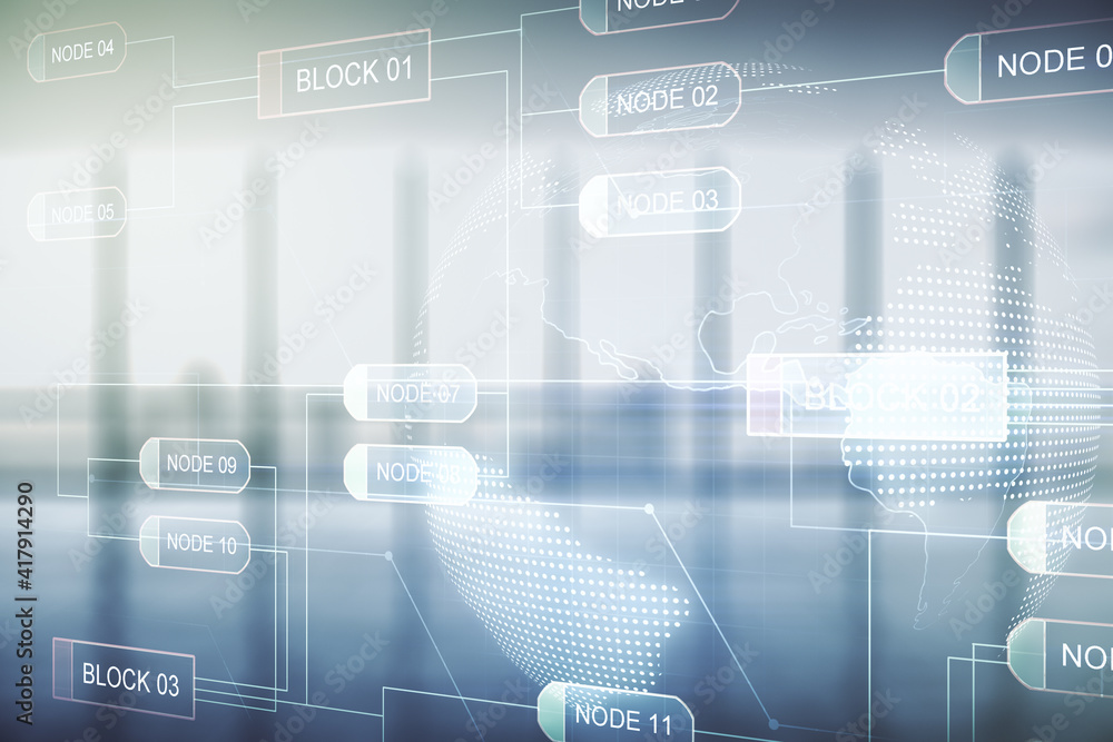 Poster double exposure of abstract programming language hologram and world map on empty modern office backg