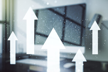 Double exposure of creative abstract upward arrows hologram on laptop background. Ambition and...