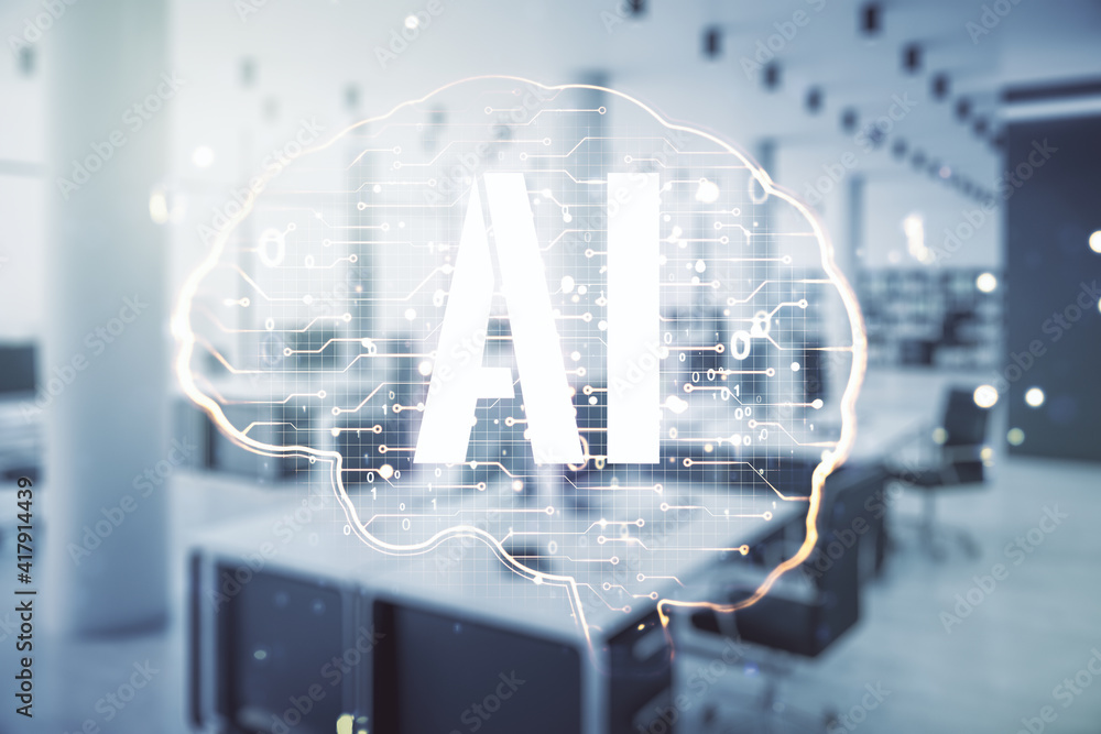 Poster double exposure of creative artificial intelligence interface on modern corporate office background.