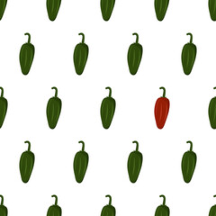 Cartoon seamless pattern for fabric design with green jalapeno. Eye catching element - red jalapeno. Colorful background.
