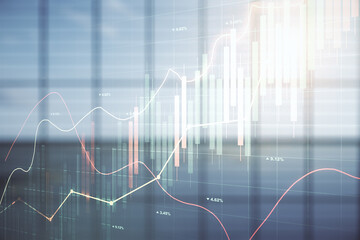Abstract virtual financial graph hologram on modern interior background, financial and trading concept. Multiexposure