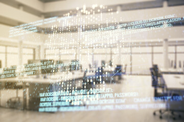 Obraz premium Double exposure of abstract virtual creative code skull hologram on modern corporate office background. Malware and cyber crime concept