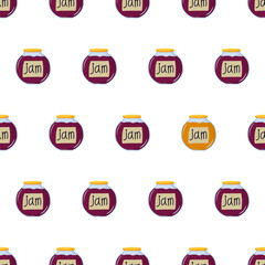 Cartoon seamless pattern for fabric design with jar of purple berry jam. Eye catching element - yellow jam. Colorful background.
