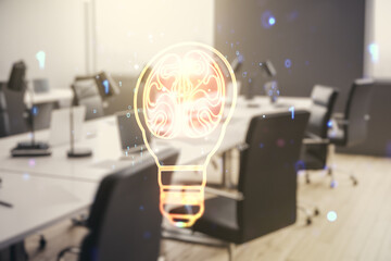 Abstract virtual idea concept with light bulb and human brain illustration on a modern furnished office background. Neural networks and machine learning concept. Multiexposure