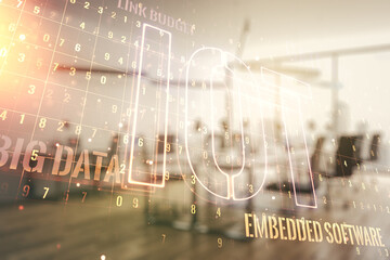 Double exposure of abstract virtual IOT hologram on modern corporate office background, research and development concept