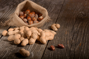 peanuts and hazelnuts in miniature burlap on rustic wood surface. peanuts and hazelnuts in...