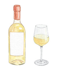 Watercolor white wine bottle and glass set isolated on white background