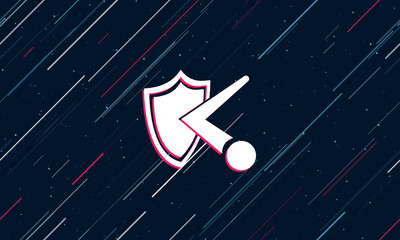 Large white ball bounces off the shield symbol framed in red in the center. The effect of flying through the stars. Seamless vector illustration on a dark blue background with stars and slanted lines © Alexey