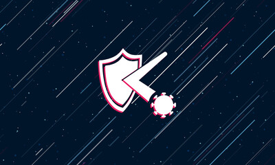 Large white virus bounces off the shield symbol framed in red in the center. The effect of flying through the stars. Seamless vector illustration on a dark blue background with stars and slanted lines © Alexey