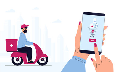 COVID-19. Quarantine. Coronavirus epidemic. Delivery man in a protective mask delivers parcel by motorbike. Hand is holding smartphone to buy pills. Order Medicines Online. Medicament shipping.