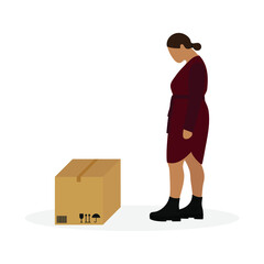 Fat female character in dress and boots looking at a large closed cardboard box on a white background
